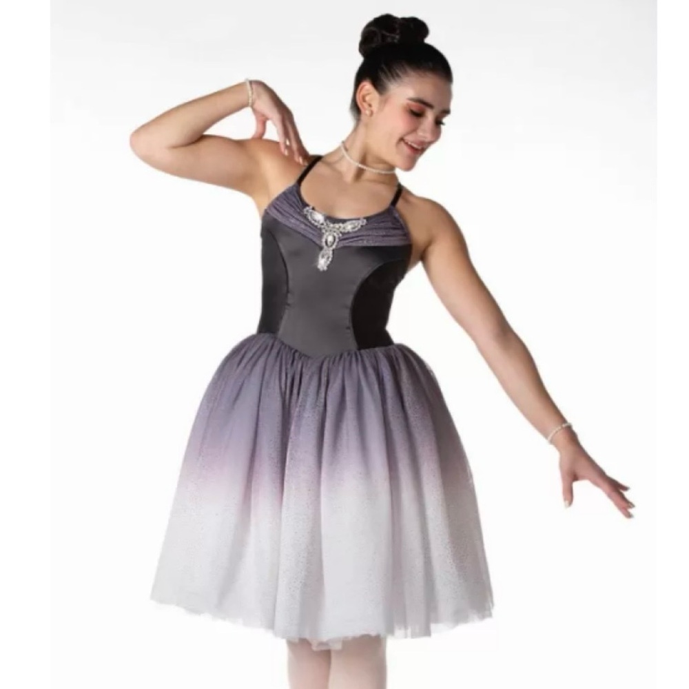Elegant Gray Ombre Dance Costume with Jewel Detail